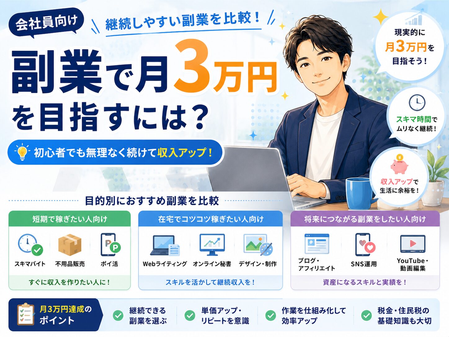 副業で月3万円を目指すには?会社員向け継続しやすい副業を比較